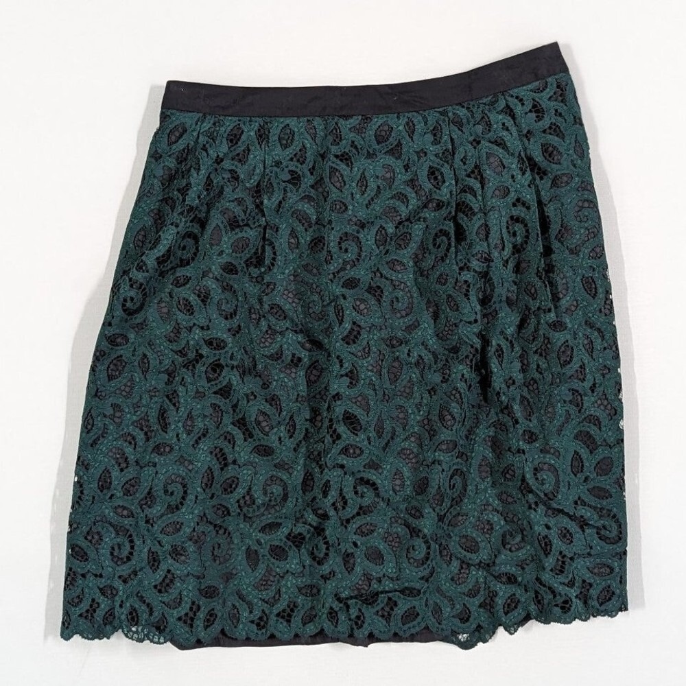 Dark Academia Green Paisley Lace‎ Overlay Skirt Lands' End 16 Elegant Officecore